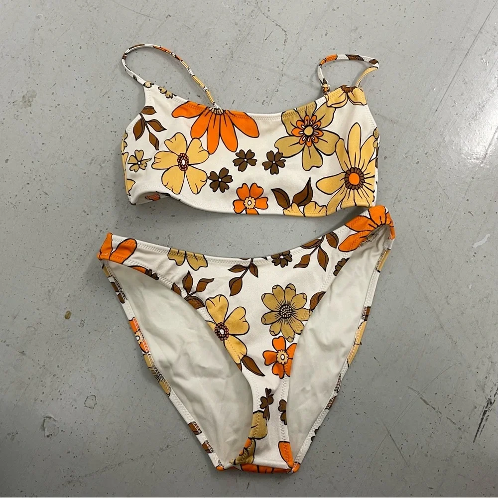 Triangl Swimwear Yellow Brown Retro Style Floral Print Bikini Size Medium